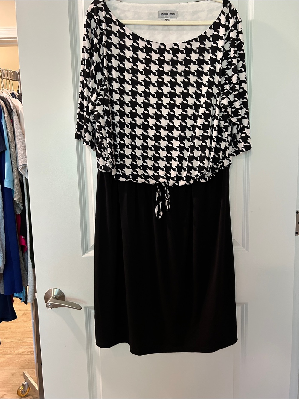Shelby & Palmer Black and White Houndstooth Waist-Tie Midi Dress